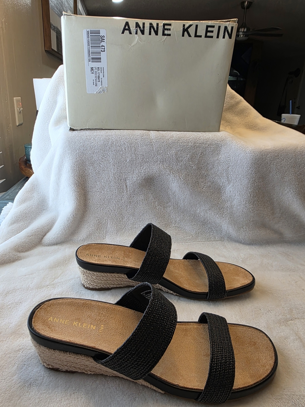 Anne Klein Black Two-Band Espadrille Wedge Sandals